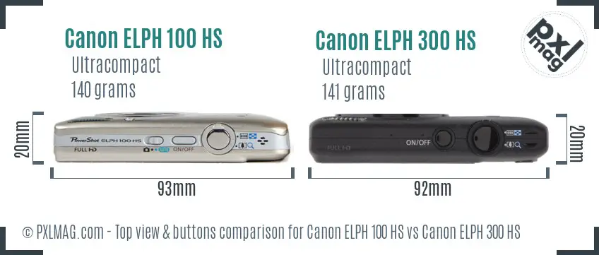 Canon ELPH 100 HS vs Canon ELPH 300 HS top view buttons comparison