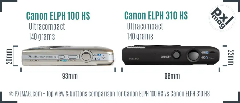 Canon ELPH 100 HS vs Canon ELPH 310 HS top view buttons comparison