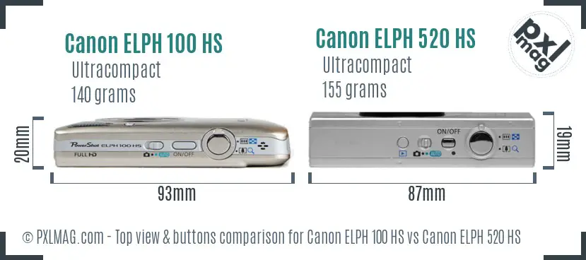 Canon ELPH 100 HS vs Canon ELPH 520 HS top view buttons comparison