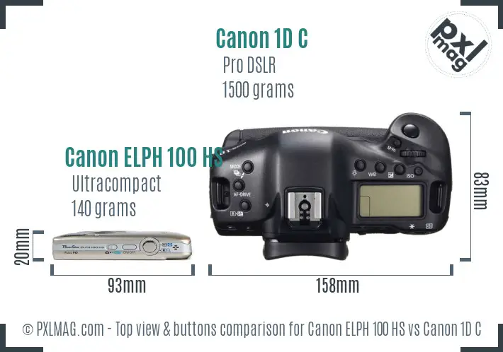 Canon ELPH 100 HS vs Canon 1D C top view buttons comparison