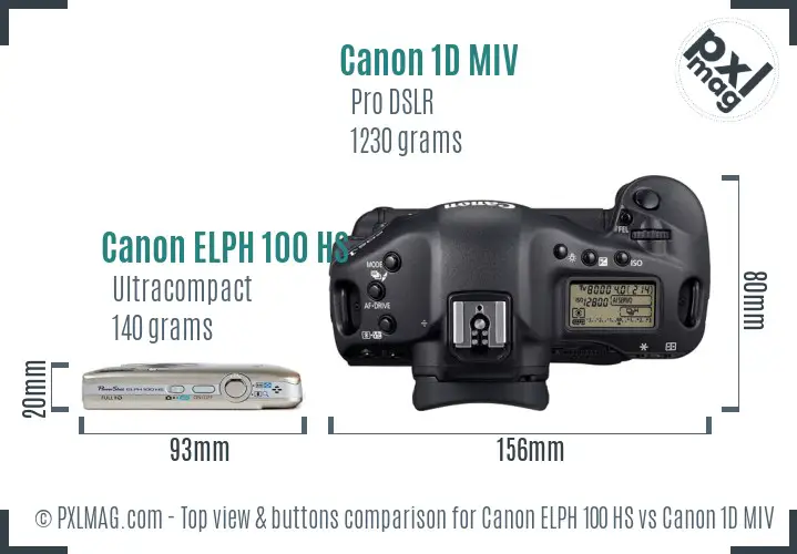 Canon ELPH 100 HS vs Canon 1D MIV top view buttons comparison