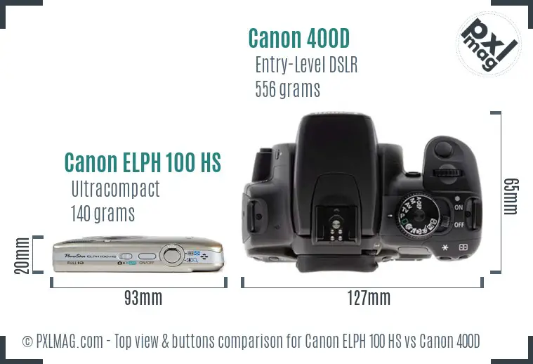 Canon ELPH 100 HS vs Canon 400D top view buttons comparison