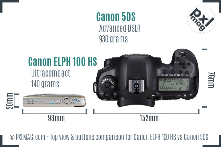 Canon ELPH 100 HS vs Canon 5DS top view buttons comparison