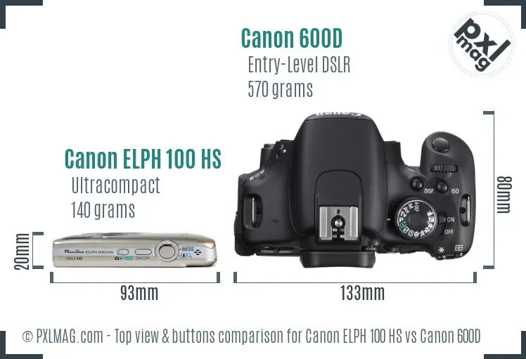 Canon ELPH 100 HS vs Canon 600D top view buttons comparison Canon ELPH 100 HS vs Canon 600D top view buttons comparison