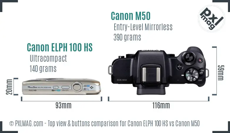 Canon ELPH 100 HS vs Canon M50 top view buttons comparison
