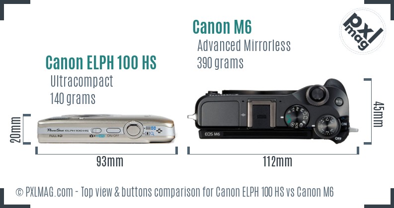 Canon ELPH 100 HS vs Canon M6 top view buttons comparison