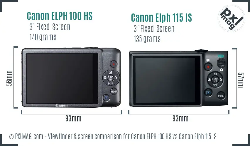 Canon ELPH 100 HS vs Canon Elph 115 IS Screen and Viewfinder comparison