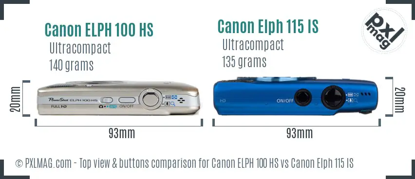 Canon ELPH 100 HS vs Canon Elph 115 IS top view buttons comparison
