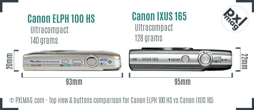 Canon ELPH 100 HS vs Canon IXUS 165 top view buttons comparison