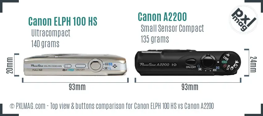 Canon ELPH 100 HS vs Canon A2200 top view buttons comparison