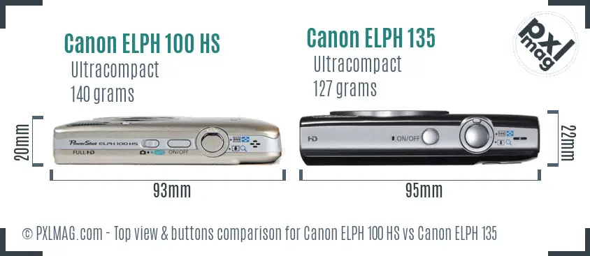 Canon ELPH 100 HS vs Canon ELPH 135 top view buttons comparison