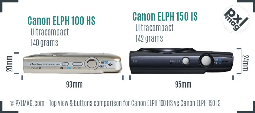 Canon ELPH 100 HS vs Canon ELPH 150 IS top view buttons comparison