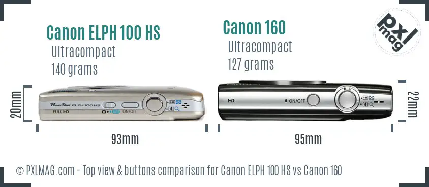 Canon ELPH 100 HS vs Canon 160 top view buttons comparison Canon ELPH 100 HS vs Canon 160 top view buttons comparison
