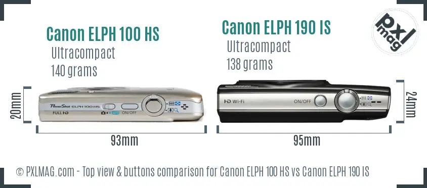 Canon ELPH 100 HS vs Canon ELPH 190 IS top view buttons comparison