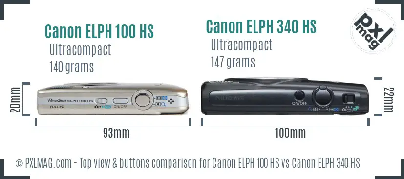 Canon ELPH 100 HS vs Canon ELPH 340 HS top view buttons comparison