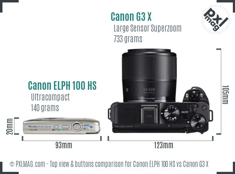 Canon ELPH 100 HS vs Canon G3 X top view buttons comparison Canon ELPH 100 HS vs Canon G3 X top view buttons comparison