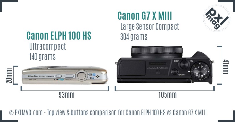 Canon ELPH 100 HS vs Canon G7 X MIII top view buttons comparison
