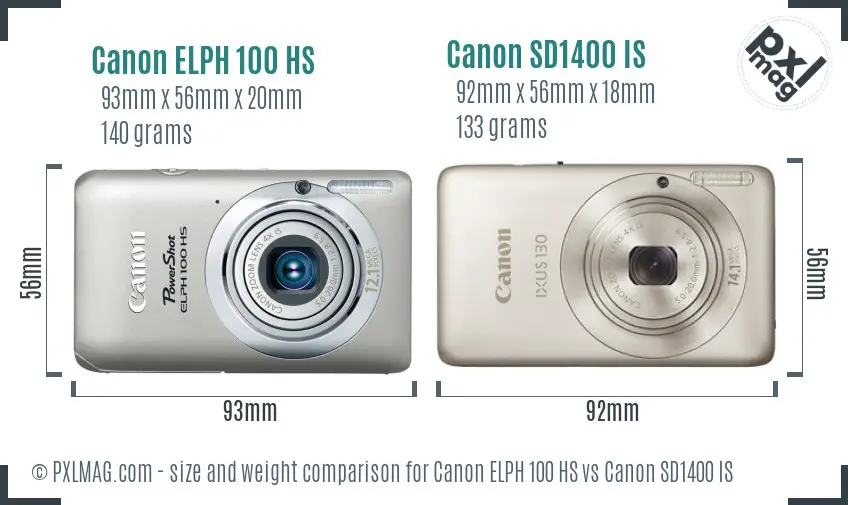 Canon ELPH 100 HS vs Canon SD1400 IS size comparison
