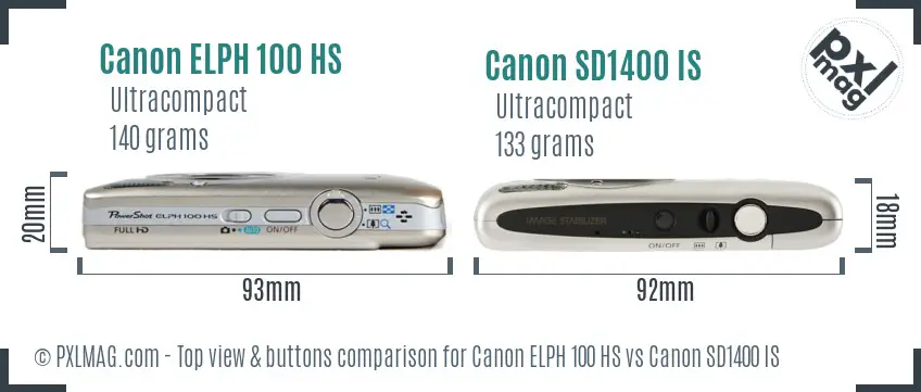 Canon ELPH 100 HS vs Canon SD1400 IS top view buttons comparison