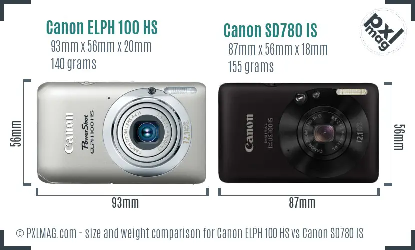 Canon ELPH 100 HS vs Canon SD780 IS size comparison