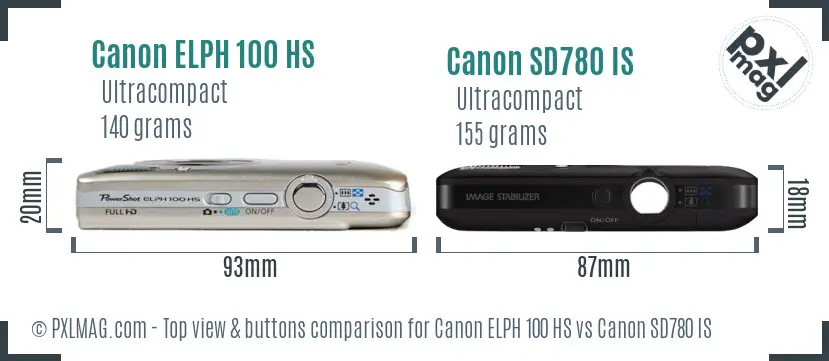 Canon ELPH 100 HS vs Canon SD780 IS top view buttons comparison