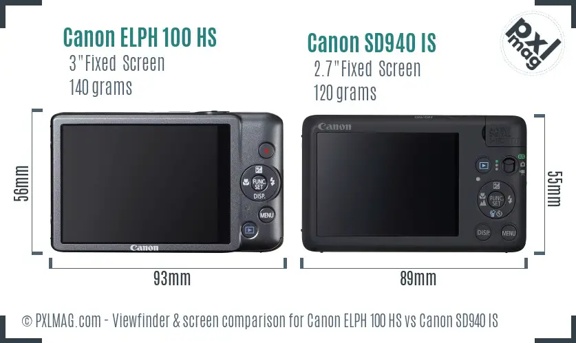 Canon ELPH 100 HS vs Canon SD940 IS Screen and Viewfinder comparison