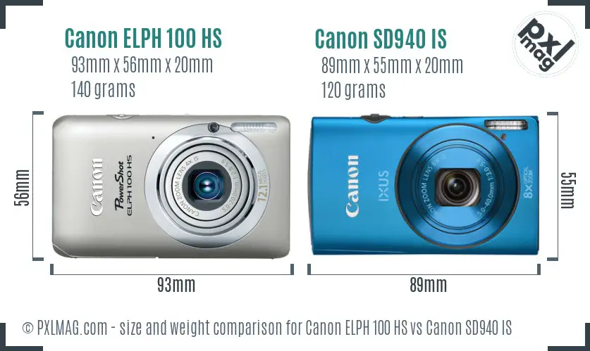 Canon ELPH 100 HS vs Canon SD940 IS size comparison