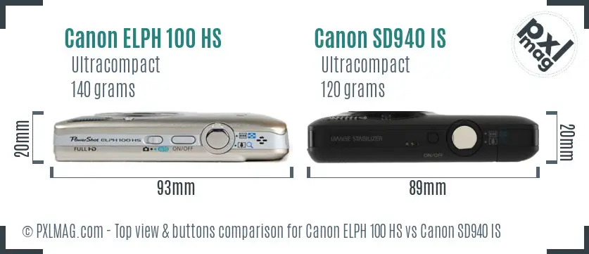 Canon ELPH 100 HS vs Canon SD940 IS top view buttons comparison