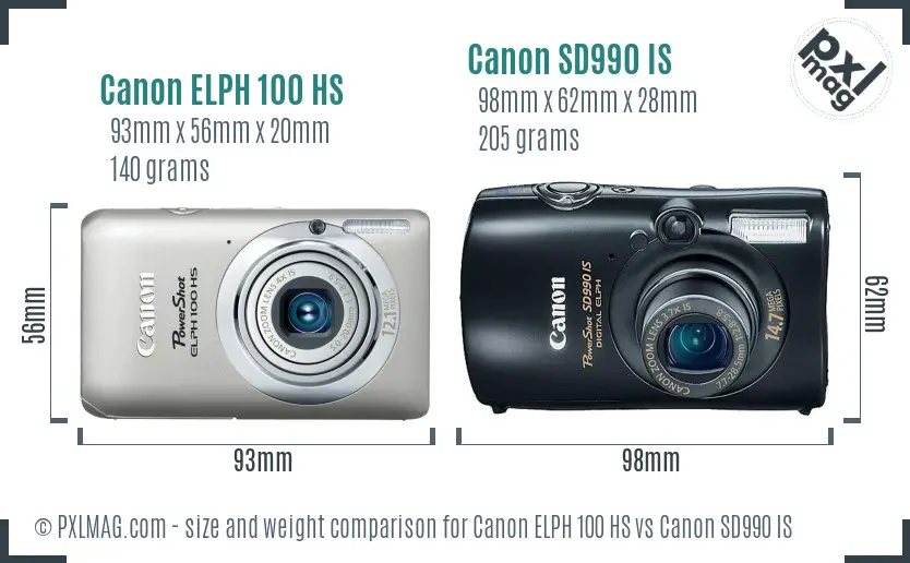 Canon ELPH 100 HS vs Canon SD990 IS size comparison