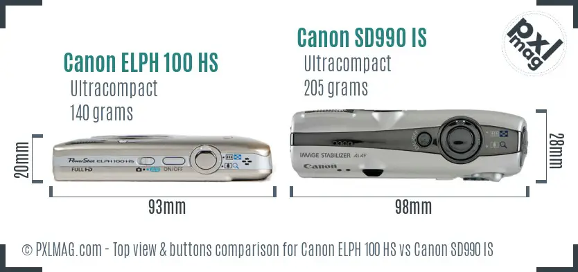 Canon ELPH 100 HS vs Canon SD990 IS top view buttons comparison