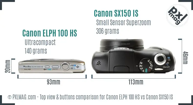 Canon ELPH 100 HS vs Canon SX150 IS top view buttons comparison Canon ELPH 100 HS vs Canon SX150 IS top view buttons comparison