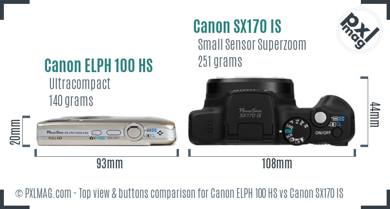 Canon ELPH 100 HS vs Canon SX170 IS top view buttons comparison