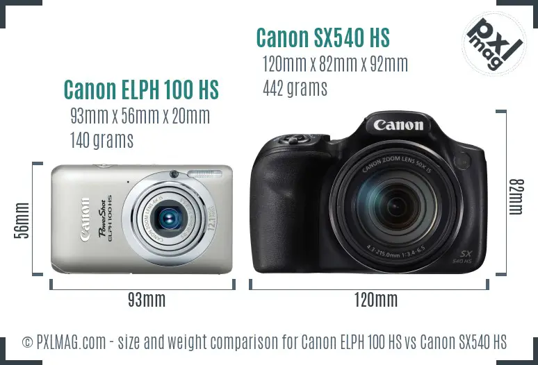 Canon ELPH 100 HS vs Canon SX540 HS size comparison