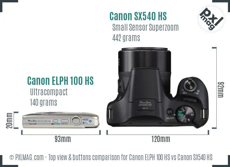 Canon ELPH 100 HS vs Canon SX540 HS top view buttons comparison
