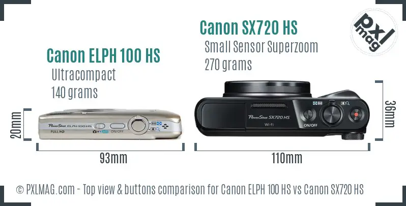 Canon ELPH 100 HS vs Canon SX720 HS top view buttons comparison Canon ELPH 100 HS vs Canon SX720 HS top view buttons comparison