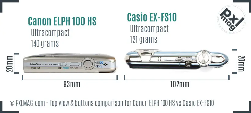 Canon ELPH 100 HS vs Casio EX-FS10 top view buttons comparison