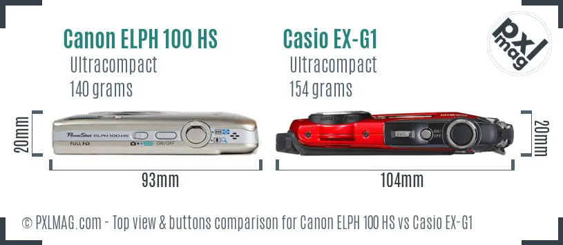 Canon ELPH 100 HS vs Casio EX-G1 top view buttons comparison