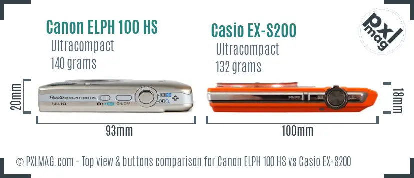 Canon ELPH 100 HS vs Casio EX-S200 top view buttons comparison