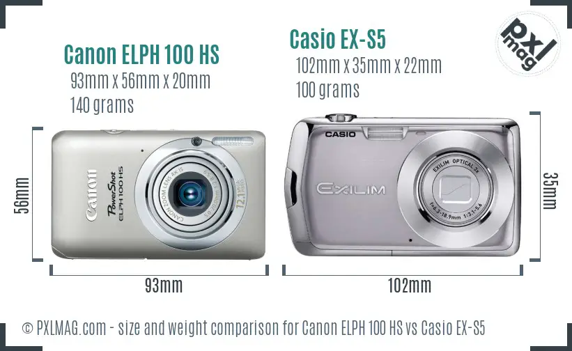 Canon ELPH 100 HS vs Casio EX-S5 size comparison