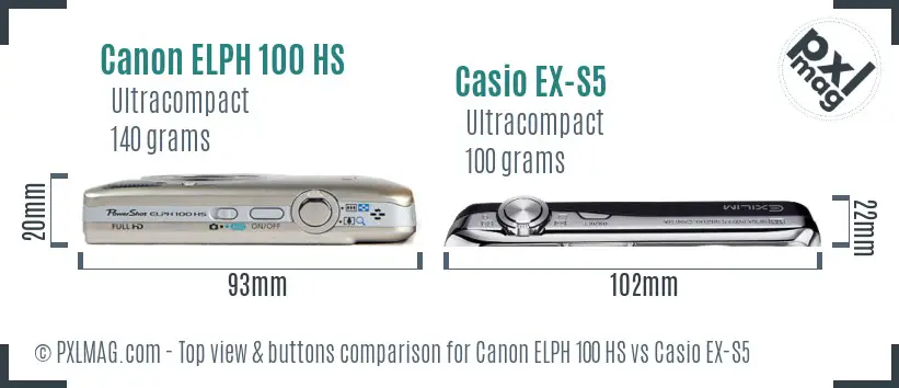 Canon ELPH 100 HS vs Casio EX-S5 top view buttons comparison