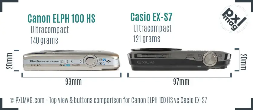 Canon ELPH 100 HS vs Casio EX-S7 top view buttons comparison