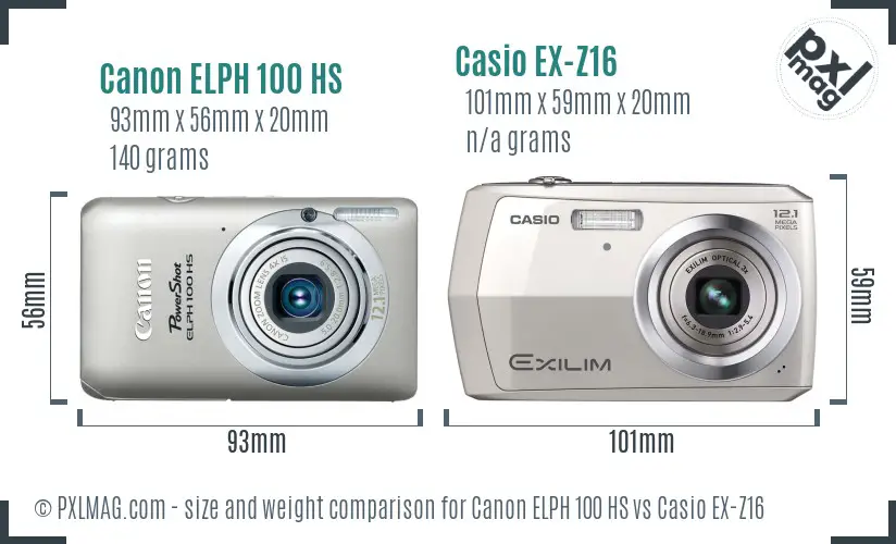 Canon ELPH 100 HS vs Casio EX-Z16 size comparison Canon ELPH 100 HS vs Casio EX-Z16 size comparison