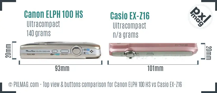 Canon ELPH 100 HS vs Casio EX-Z16 top view buttons comparison Canon ELPH 100 HS vs Casio EX-Z16 top view buttons comparison