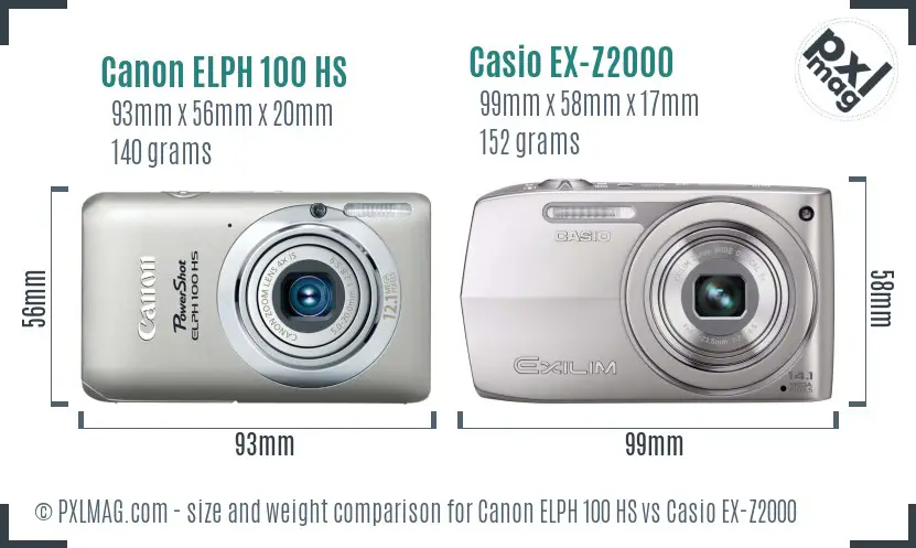Canon ELPH 100 HS vs Casio EX-Z2000 size comparison