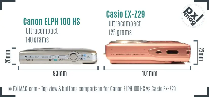 Canon ELPH 100 HS vs Casio EX-Z29 top view buttons comparison Canon ELPH 100 HS vs Casio EX-Z29 top view buttons comparison