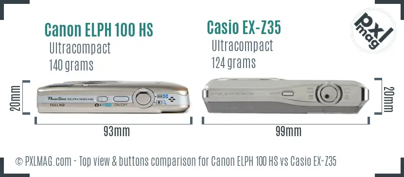 Canon ELPH 100 HS vs Casio EX-Z35 top view buttons comparison