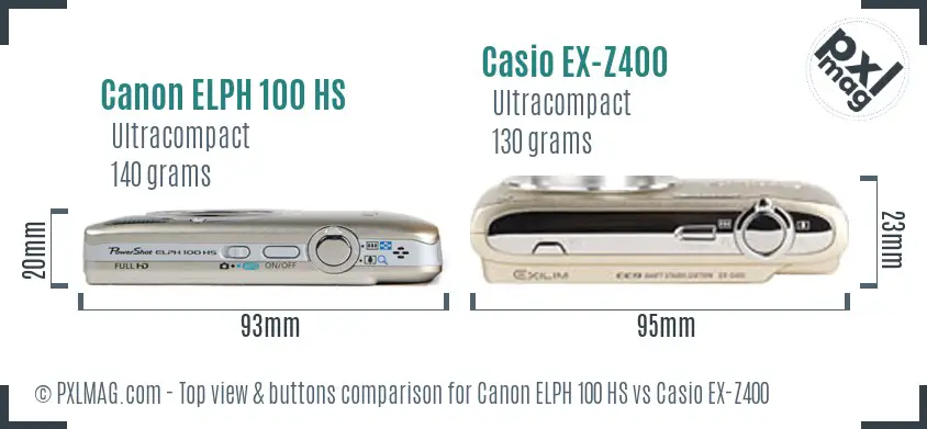 Canon ELPH 100 HS vs Casio EX-Z400 top view buttons comparison