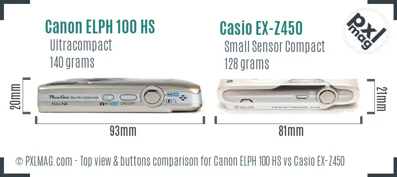 Canon ELPH 100 HS vs Casio EX-Z450 top view buttons comparison