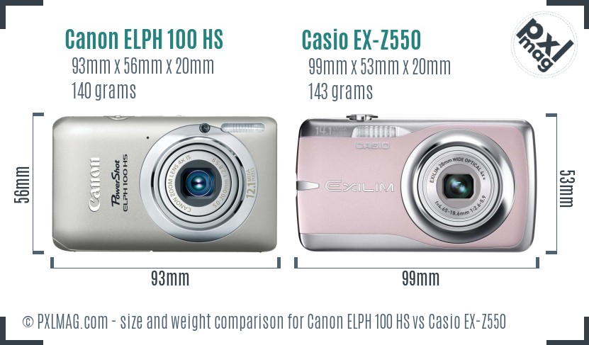 Canon ELPH 100 HS vs Casio EX-Z550 size comparison