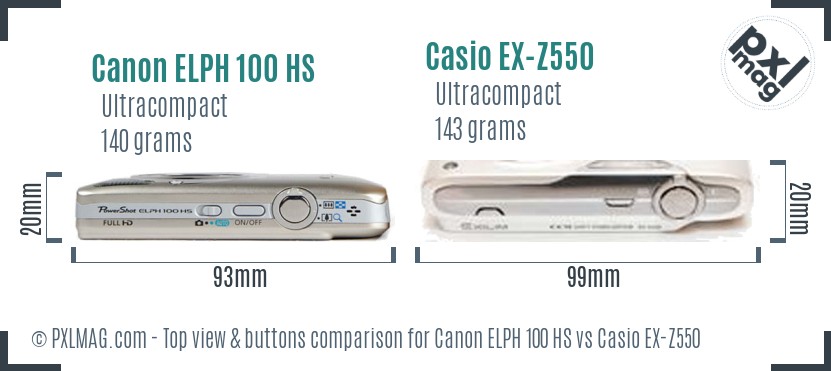 Canon ELPH 100 HS vs Casio EX-Z550 top view buttons comparison